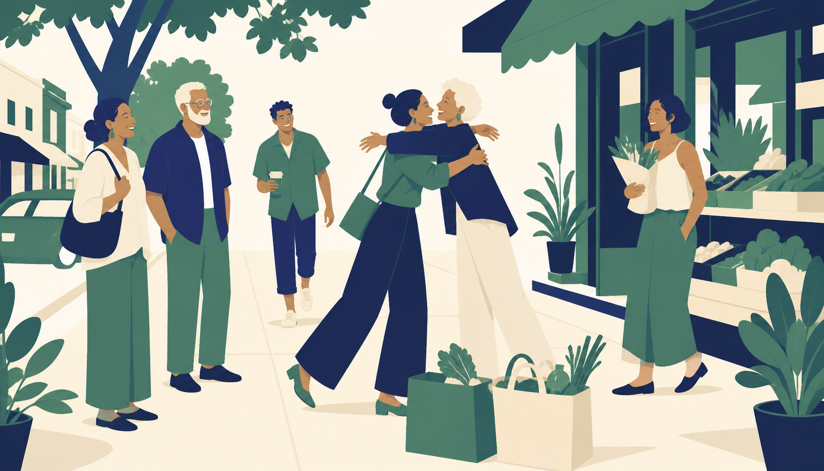 Two old friends embracing warmly on a sunny sidewalk outside a corner shop, others nearby with flowers and coffee
