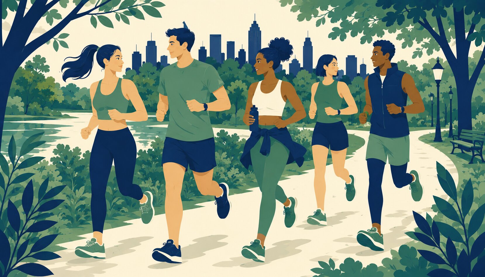 A small pack of runners moving together along a morning trail