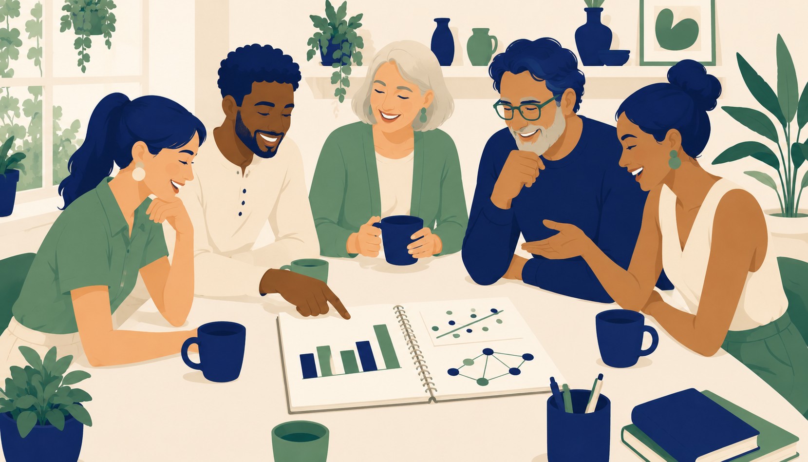 Five friends of different ages gathered around a table, laughing together over an open notebook