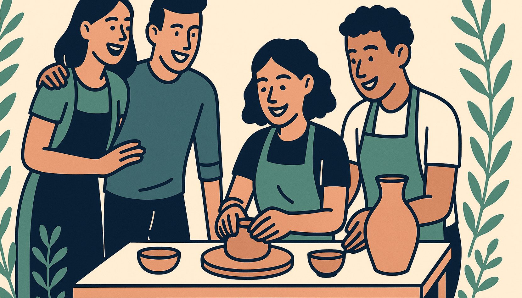 Four friends at a pottery class, two shaping clay at a workbench while the others watch and laugh