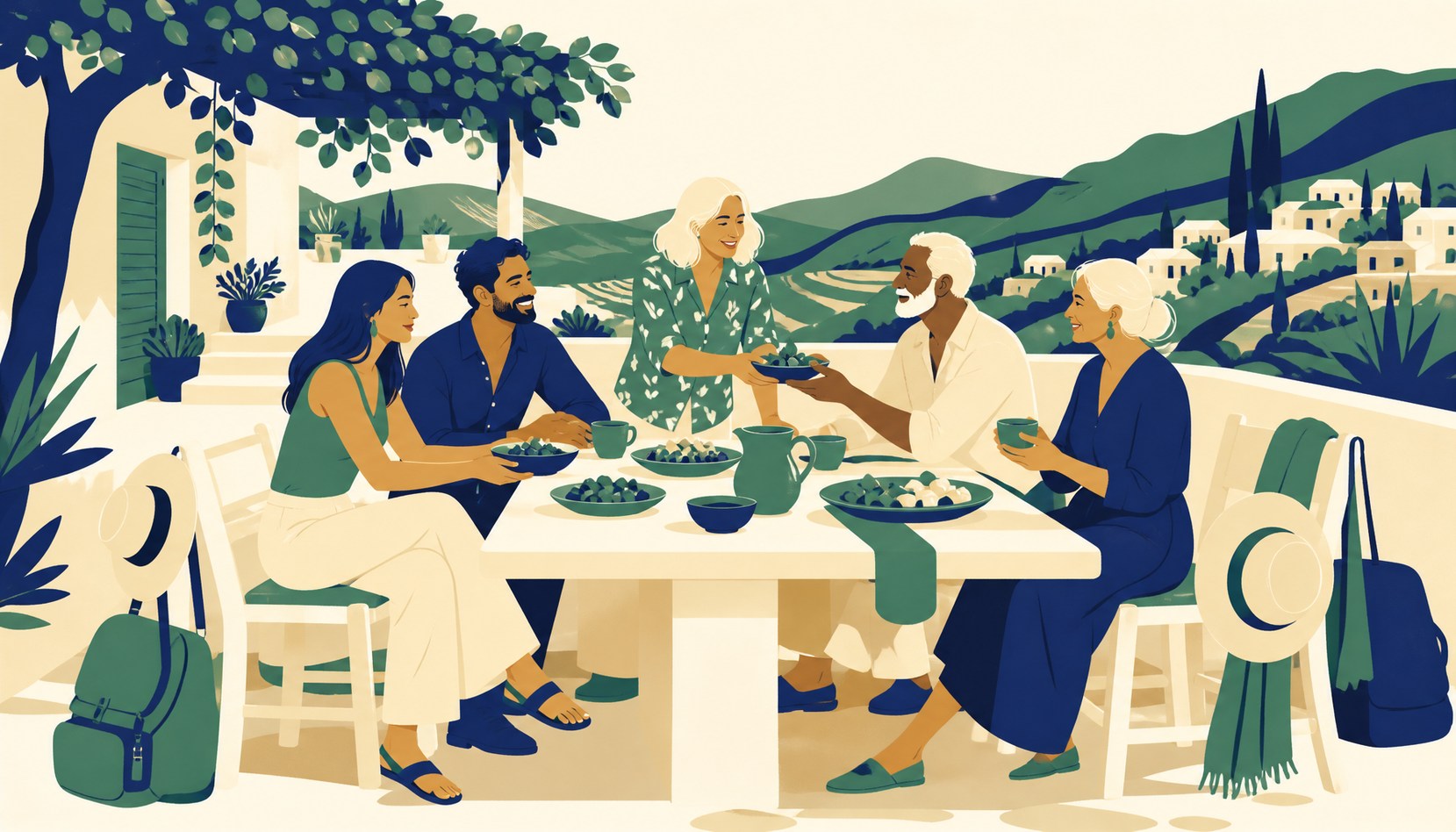 Five travelers of different ages share a long outdoor table on a hillside guesthouse terrace, passing dishes and laughing at golden hour
