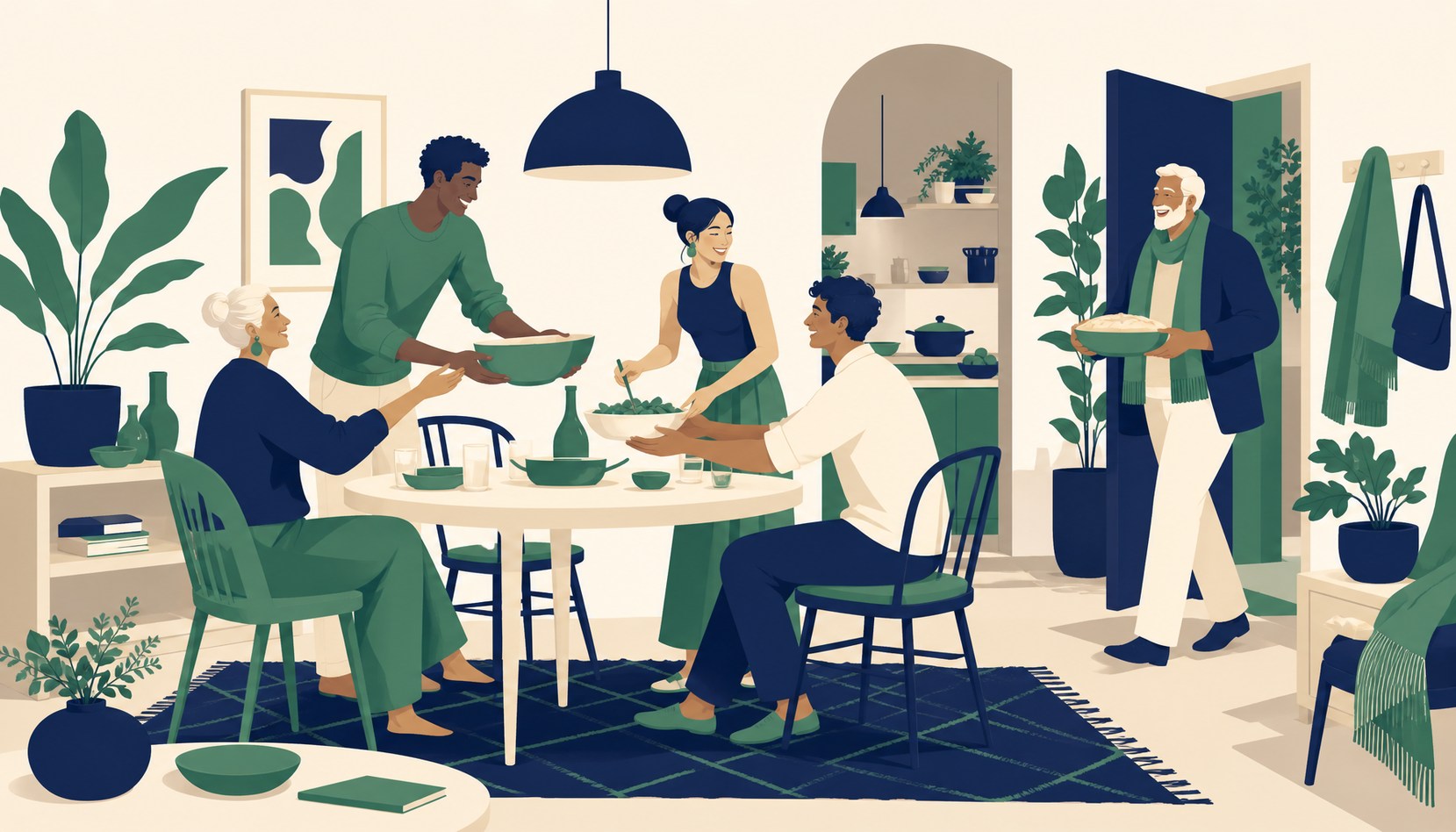 Four friends of different ages pass dishes around a small apartment dining table while a fifth friend arrives at the open door carrying a bowl