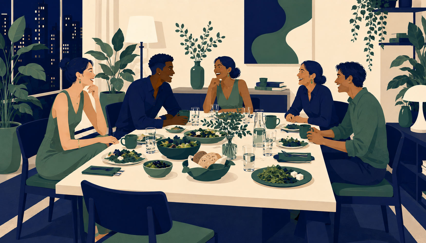 Five friends talking around a long dinner table, with one seat empty at the end