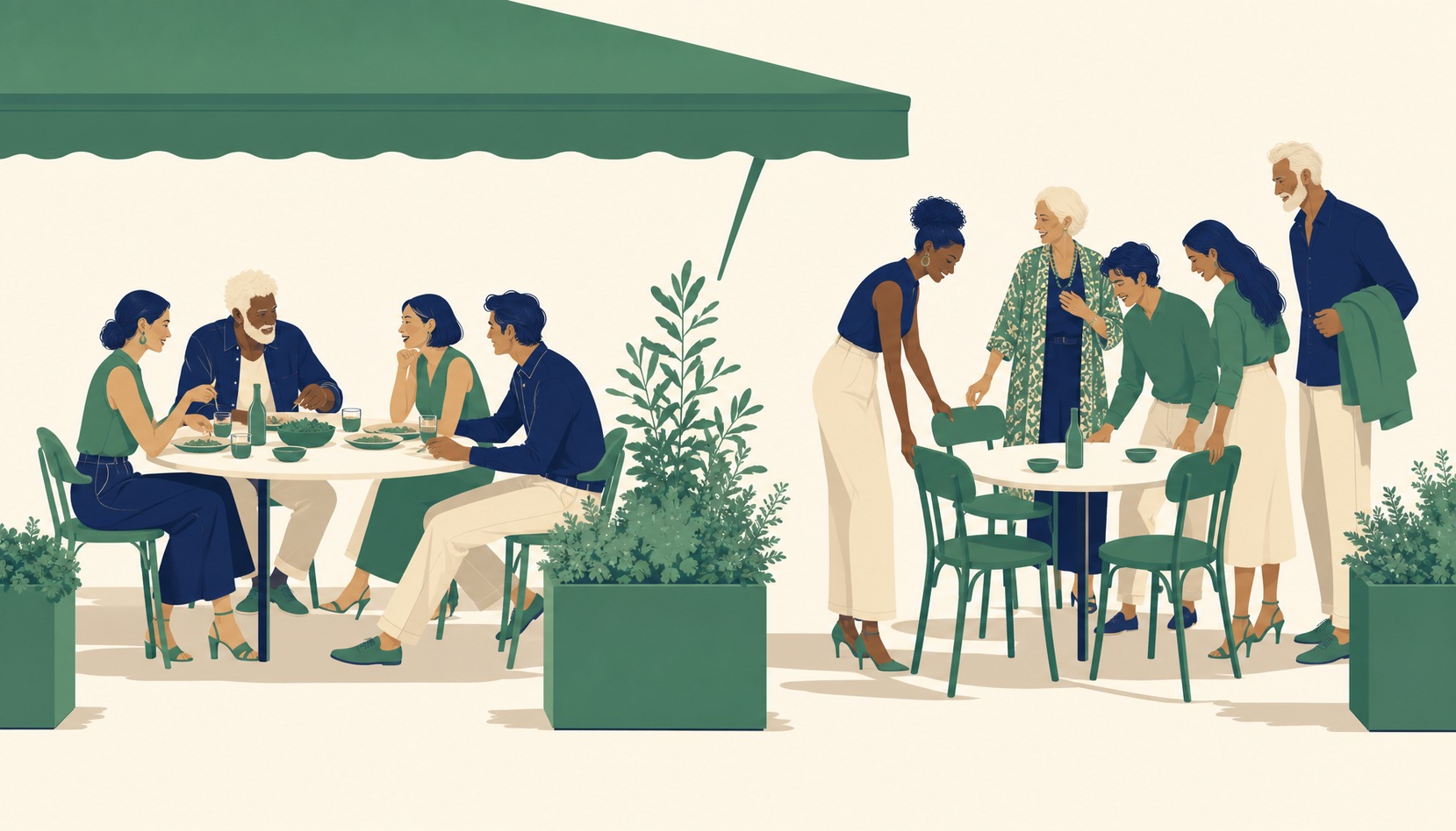 Two neighboring patio tables: one group mid-conversation over shared plates, another just sitting down