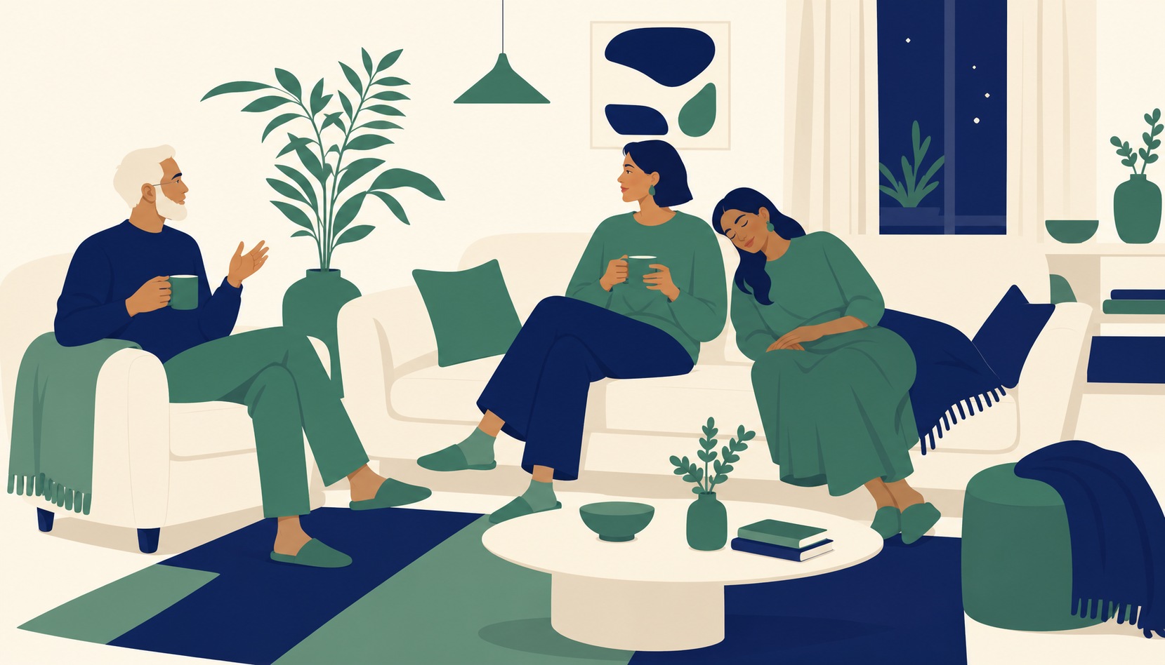Three friends of different generations in a softly lit living room in the evening, one dozing against a friend's shoulder with a small content smile while the other two talk quietly over mugs of tea
