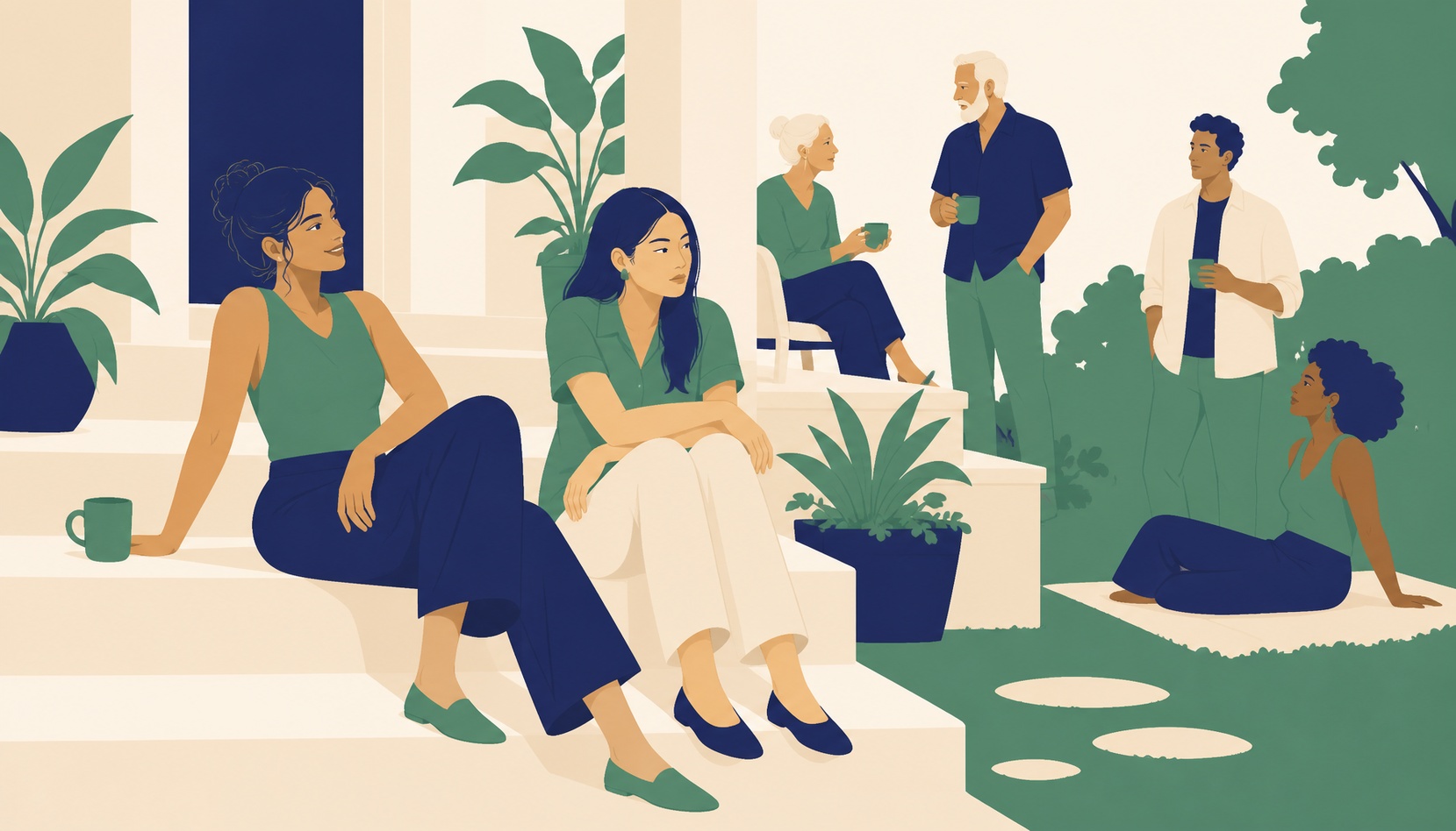 Two friends in the foreground of a porch gathering, one smiling warmly while the other looks away, tense and distant, mid-conversation