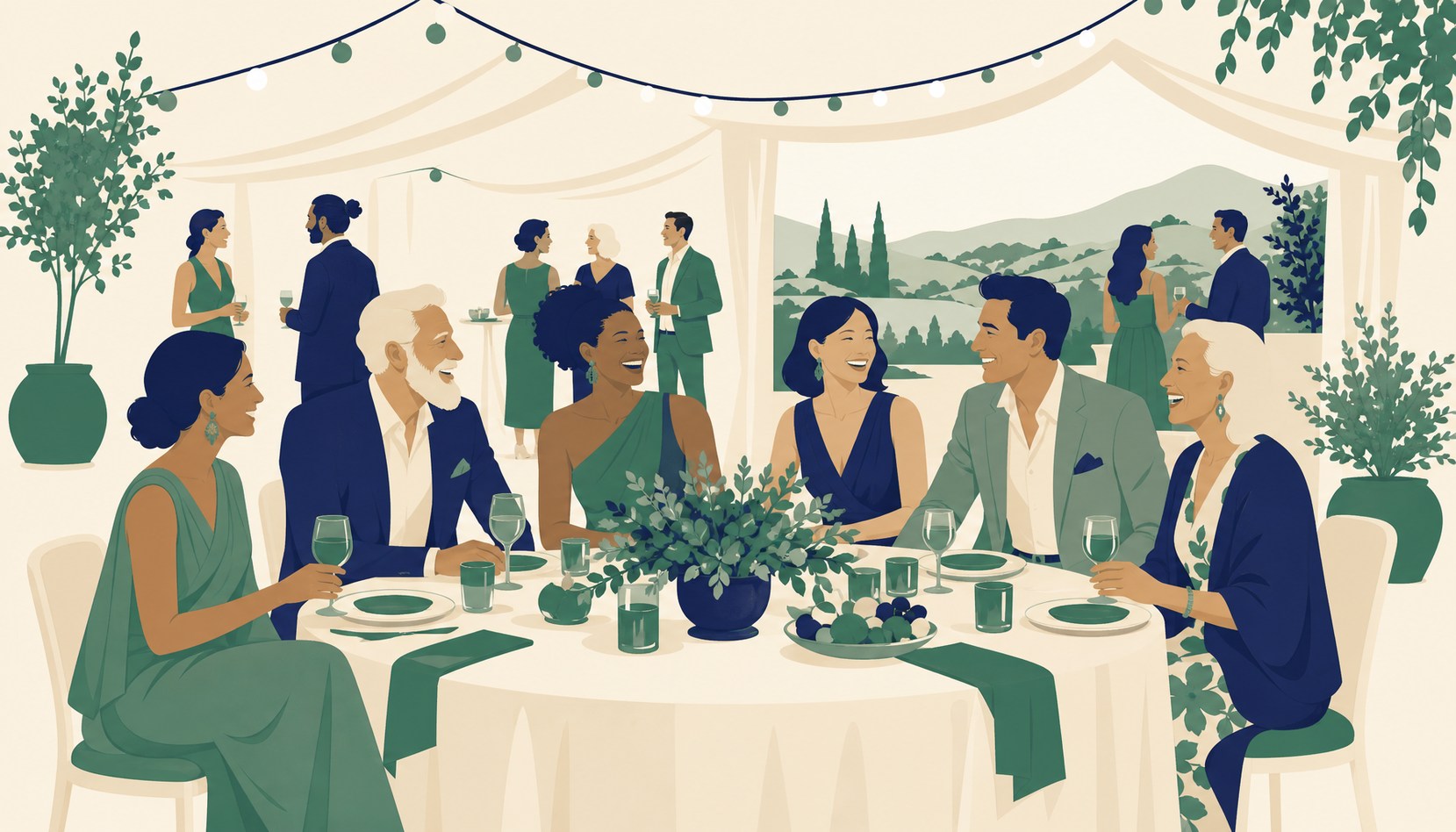 Guests of different ages and backgrounds laughing together around a wedding reception table