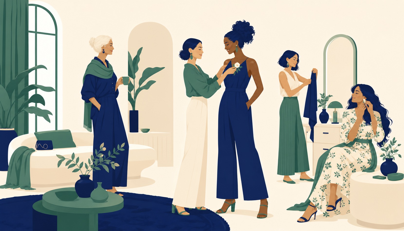 Five women friends of different ages getting ready together in a sunlit room on a wedding morning, one pinning a white flower to another's navy jumpsuit while an older silver-haired friend looks on holding a mug, nobody in matching dresses