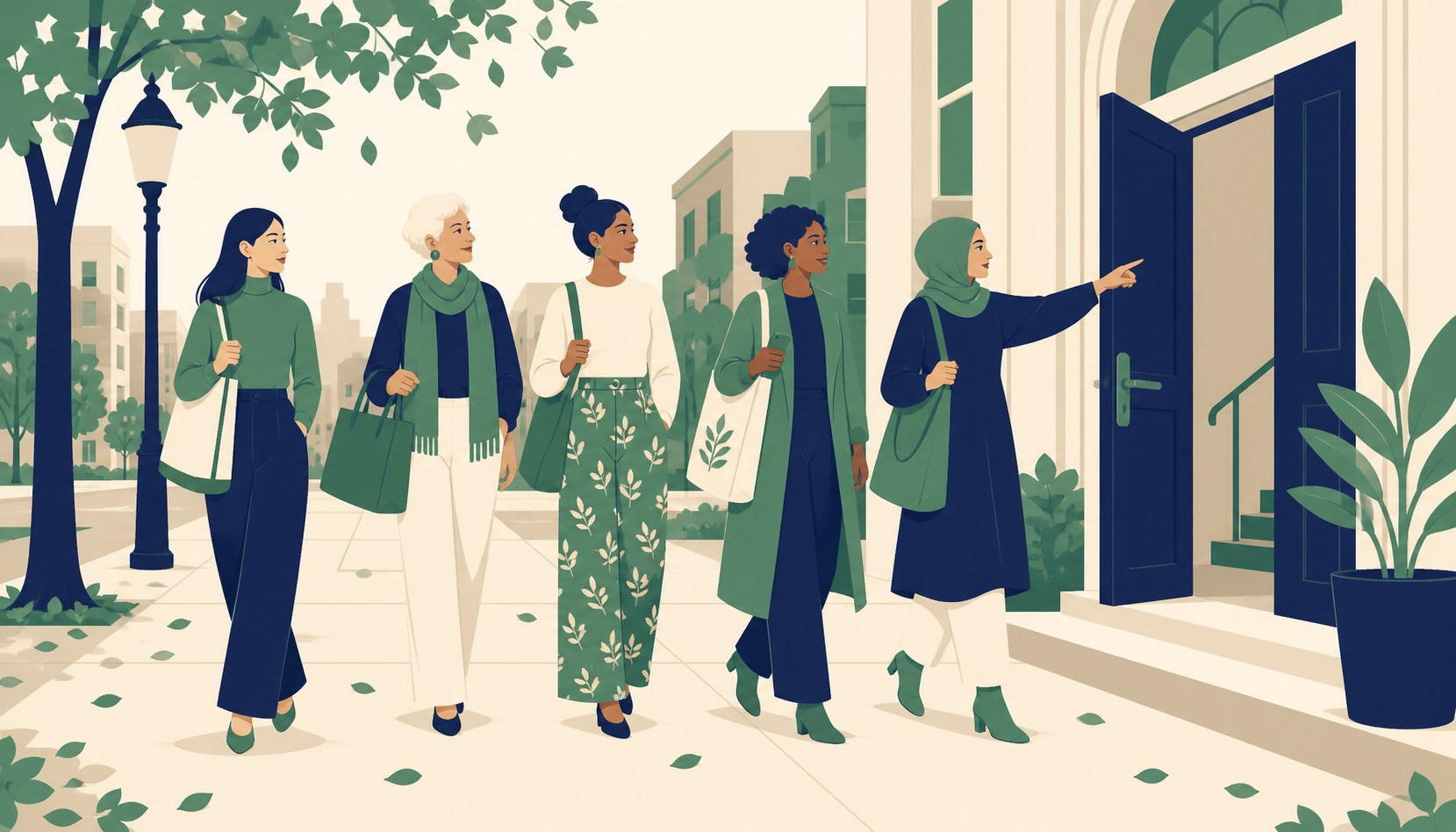 Five women of different ages and backgrounds walk together along an autumn sidewalk with tote bags toward the open door of a community hall