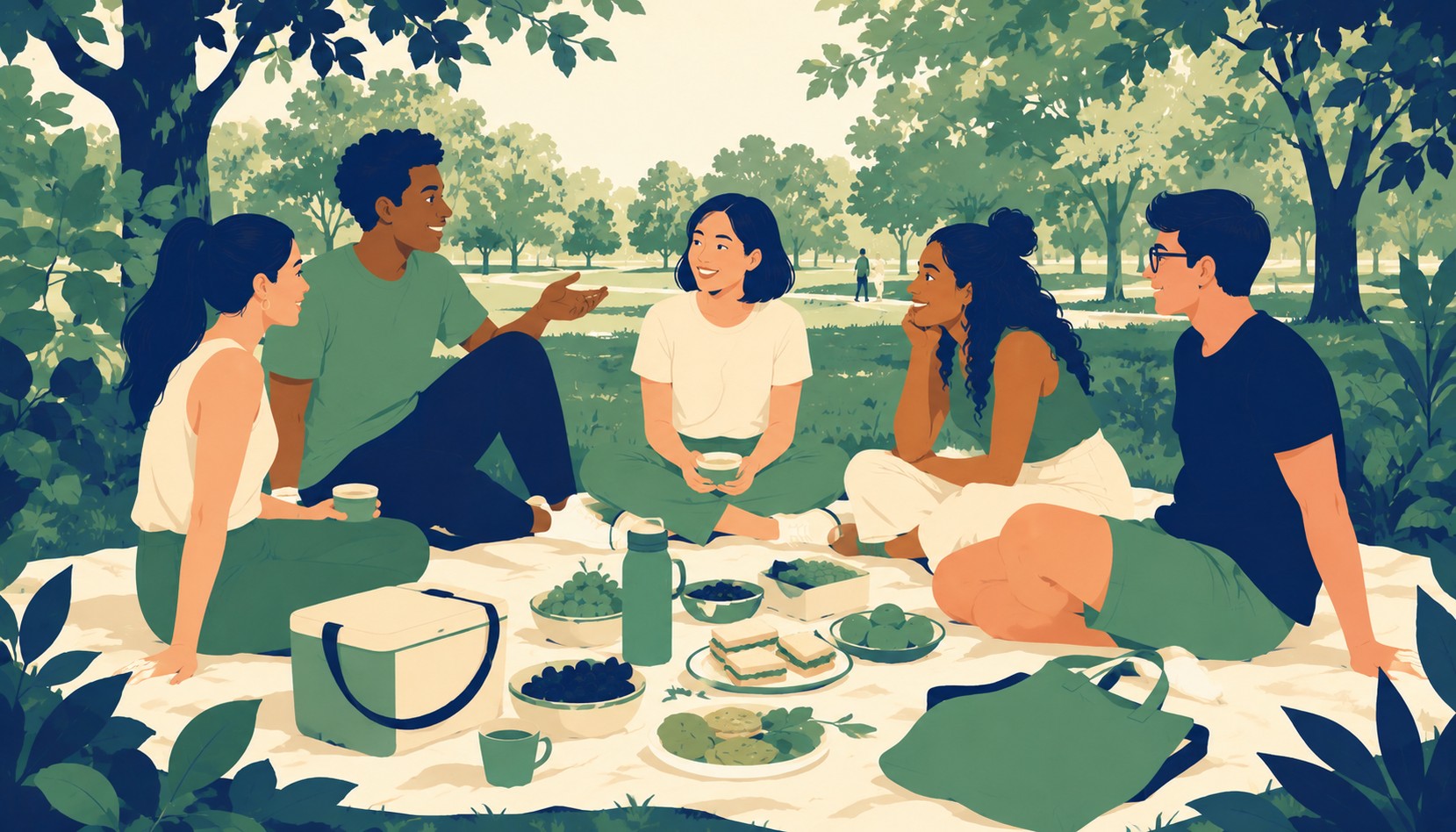 Four friends of different energies talking warmly around a cafe table at their first meetup