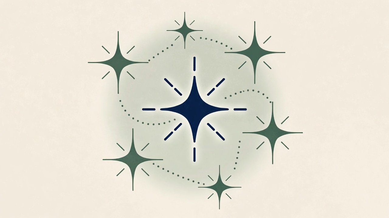 Illustration of a large navy spark encircled by smaller sage sparks connected with a dotted line, like a constellation