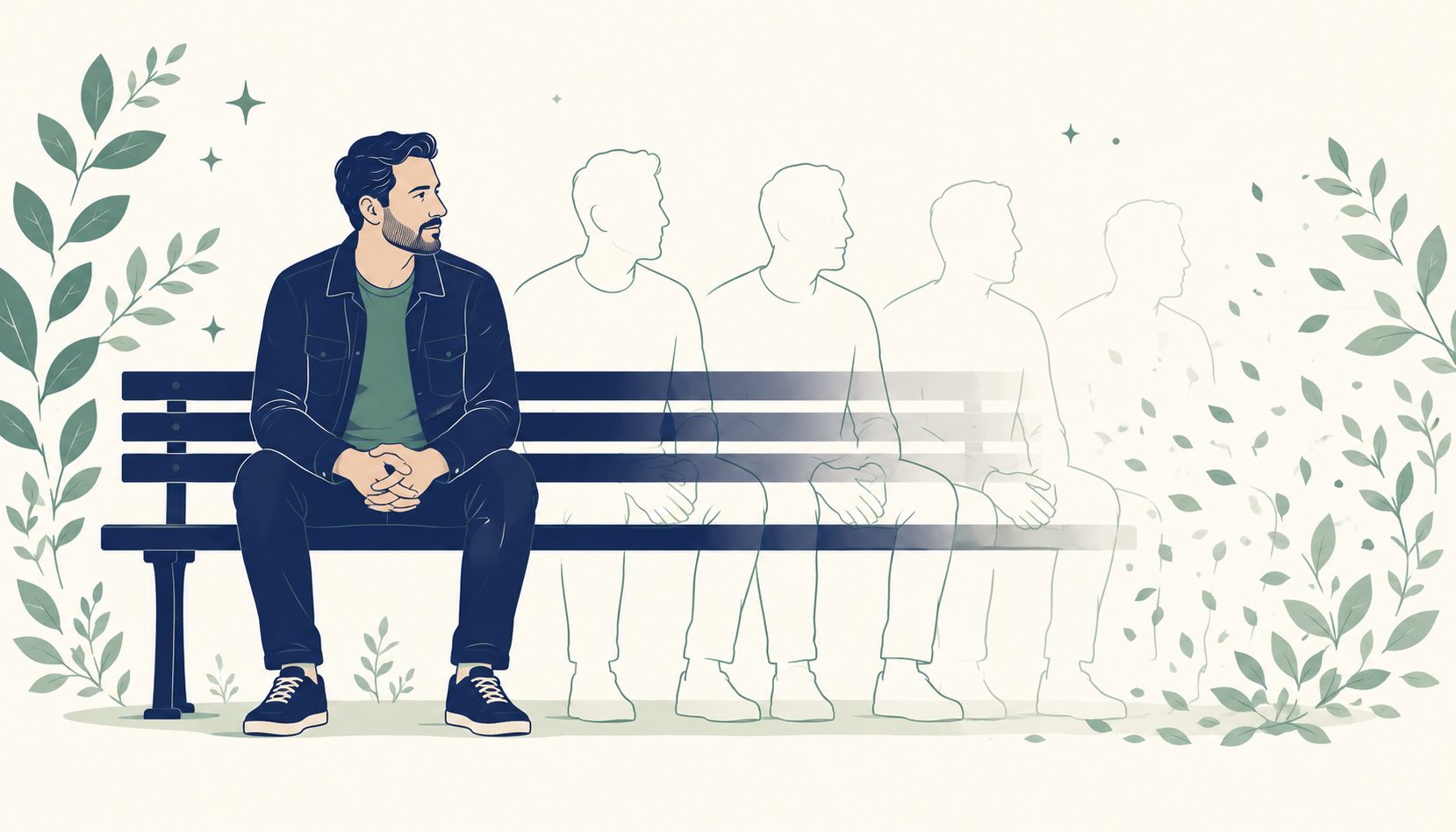 A man sitting alone on a park bench, several empty benches around him