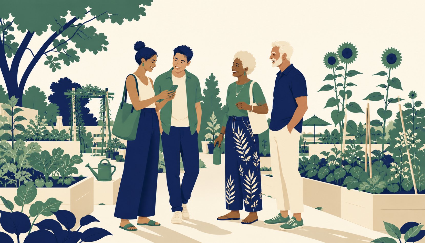 Four friends of different generations talking on a sunny community-garden path lined with raised vegetable beds and sunflowers, one young woman showing the others something on her phone