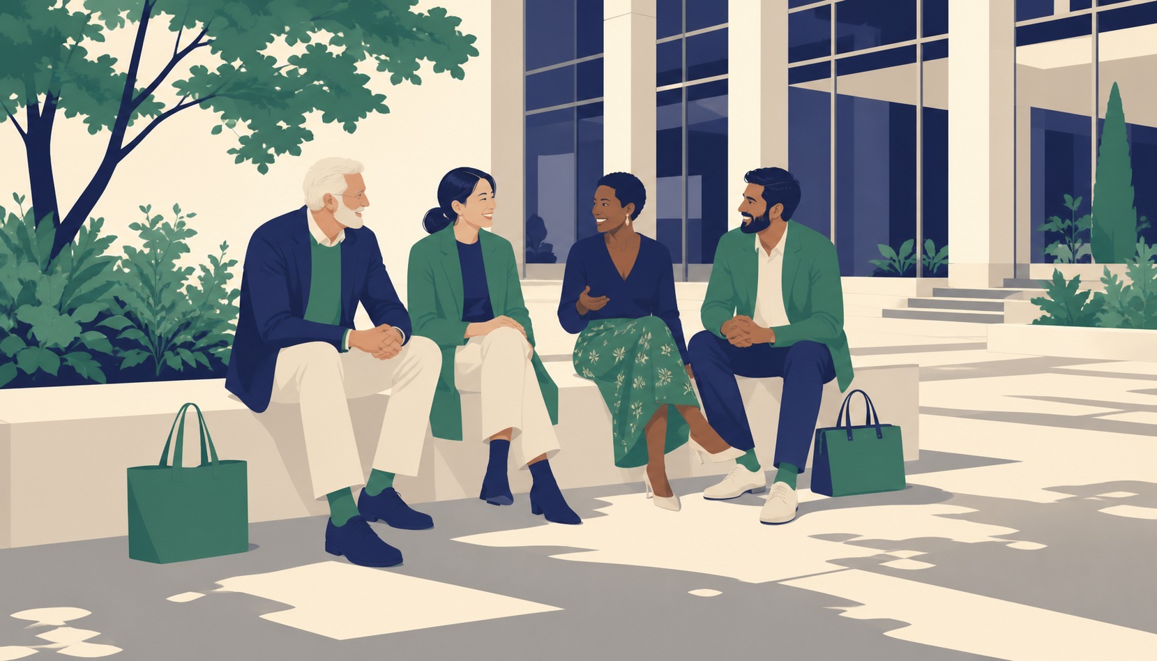 Four colleagues of different ages sitting on a low wall outside an office building at the end of the day, mid-conversation