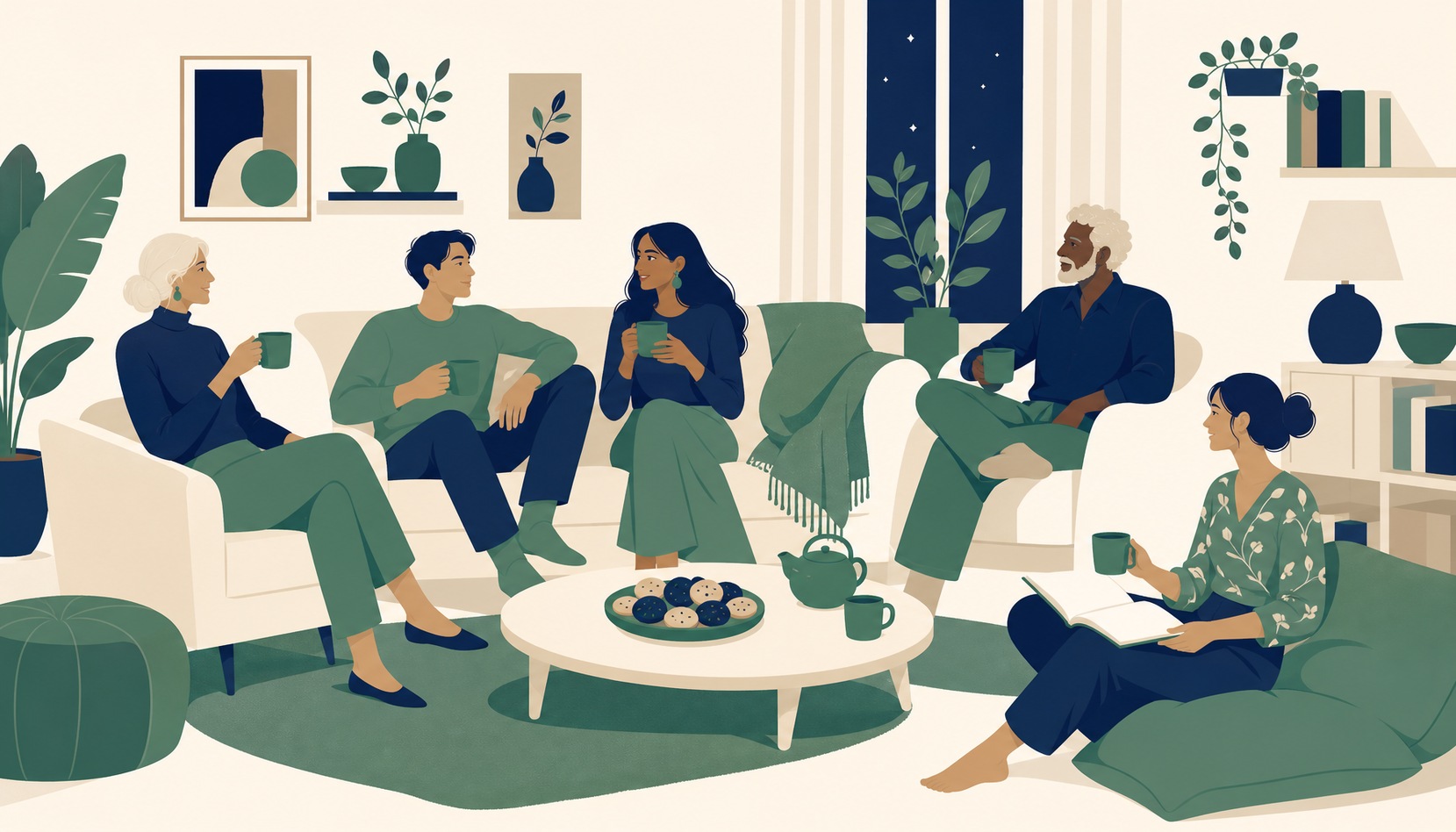 Five adults of different ages share tea and cookies in a living room, talking in a loose circle on sofas, armchairs and floor cushions