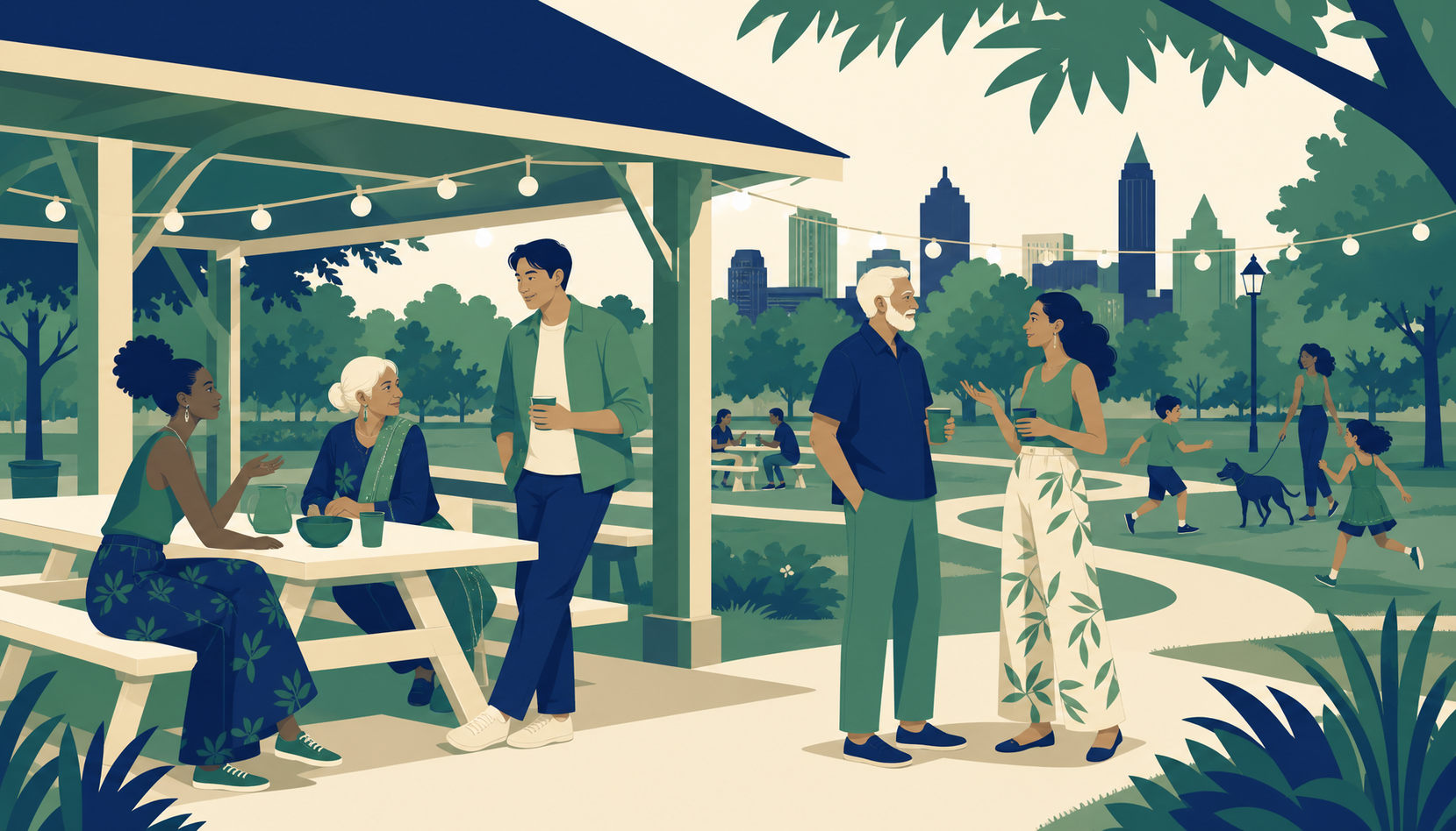 An evening gathering of neighbors at a park pavilion in Atlanta