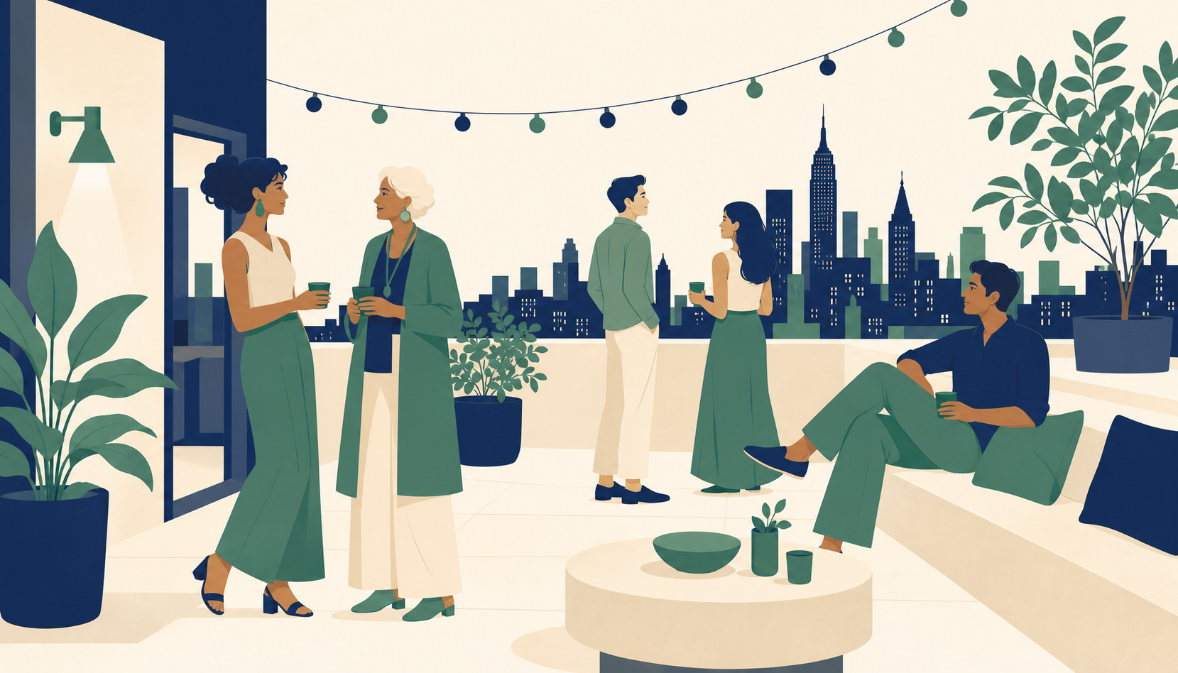 A diverse group of friends spanning several generations gathered on a city rooftop terrace at dusk, a big-city skyline behind them