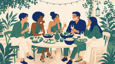 A Circle of five sharing food and drinks at a patio table