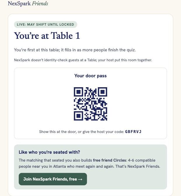 Example guest screen after the seating quiz: assigned to Table 1, with a QR door pass to show at the door